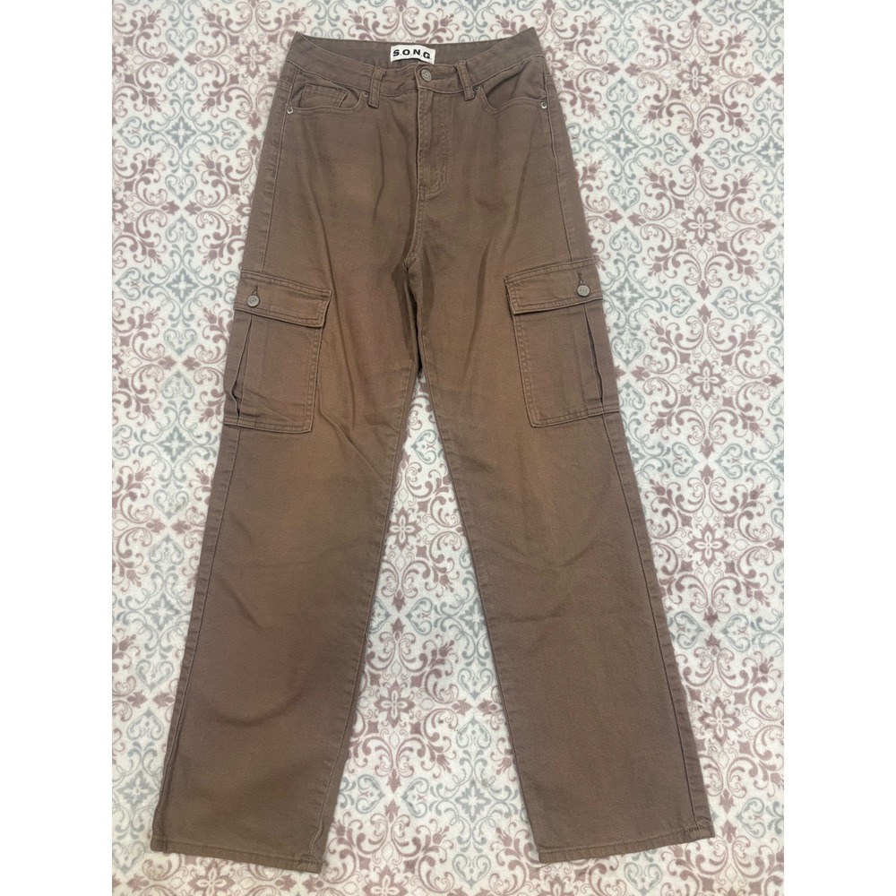 S.O.N.G. Brown High Waisted Cargo Pants Straight Leg Cotton Utility Jeans 3/26